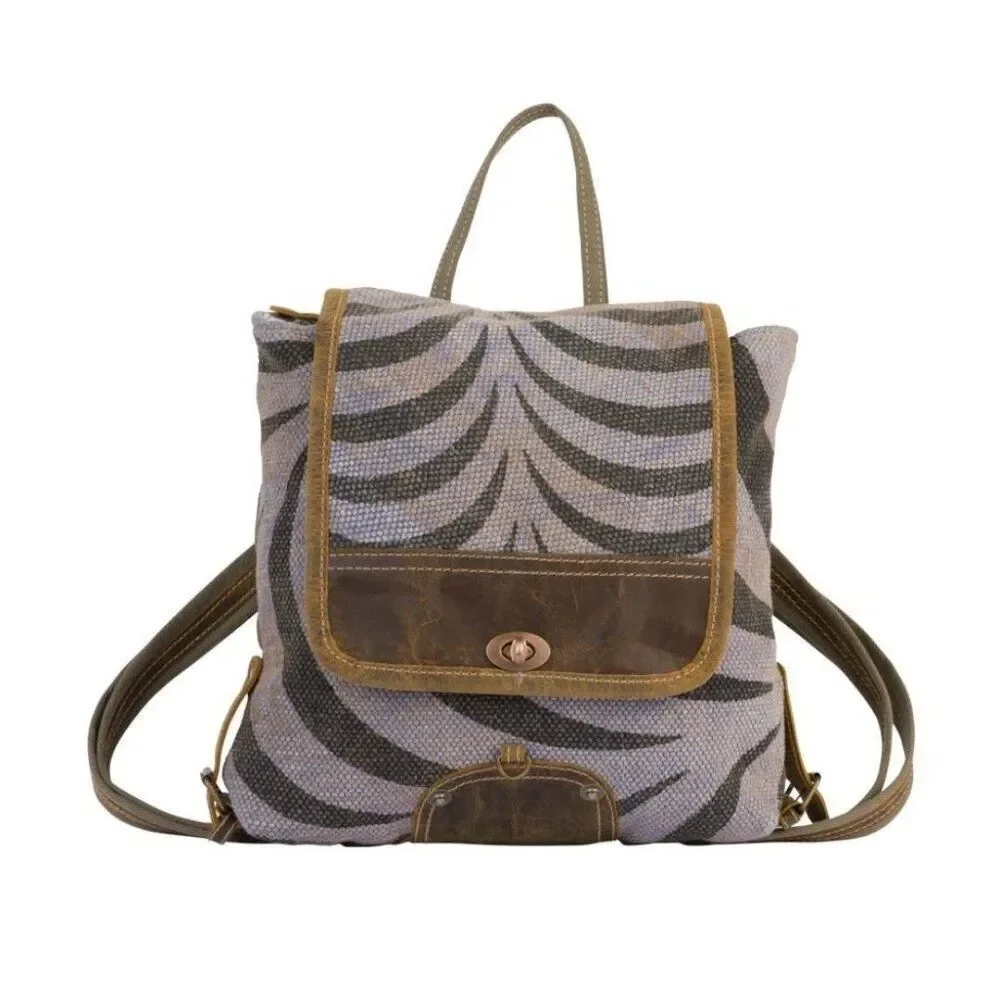Myra Bag Handmade Grey Backpack Upcycled Canvas & Cowhide Leather